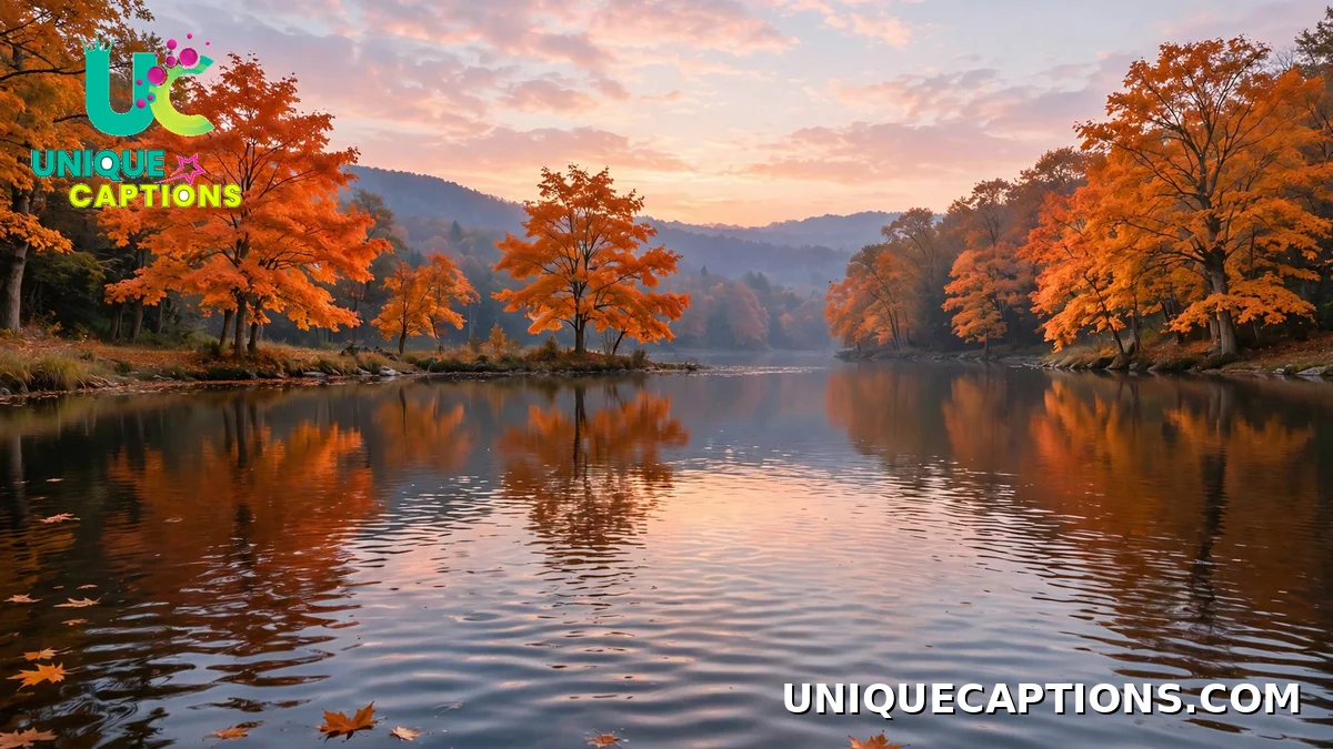 October photo dump quotes — serene lake reflecting fiery orange autumn trees at sunset