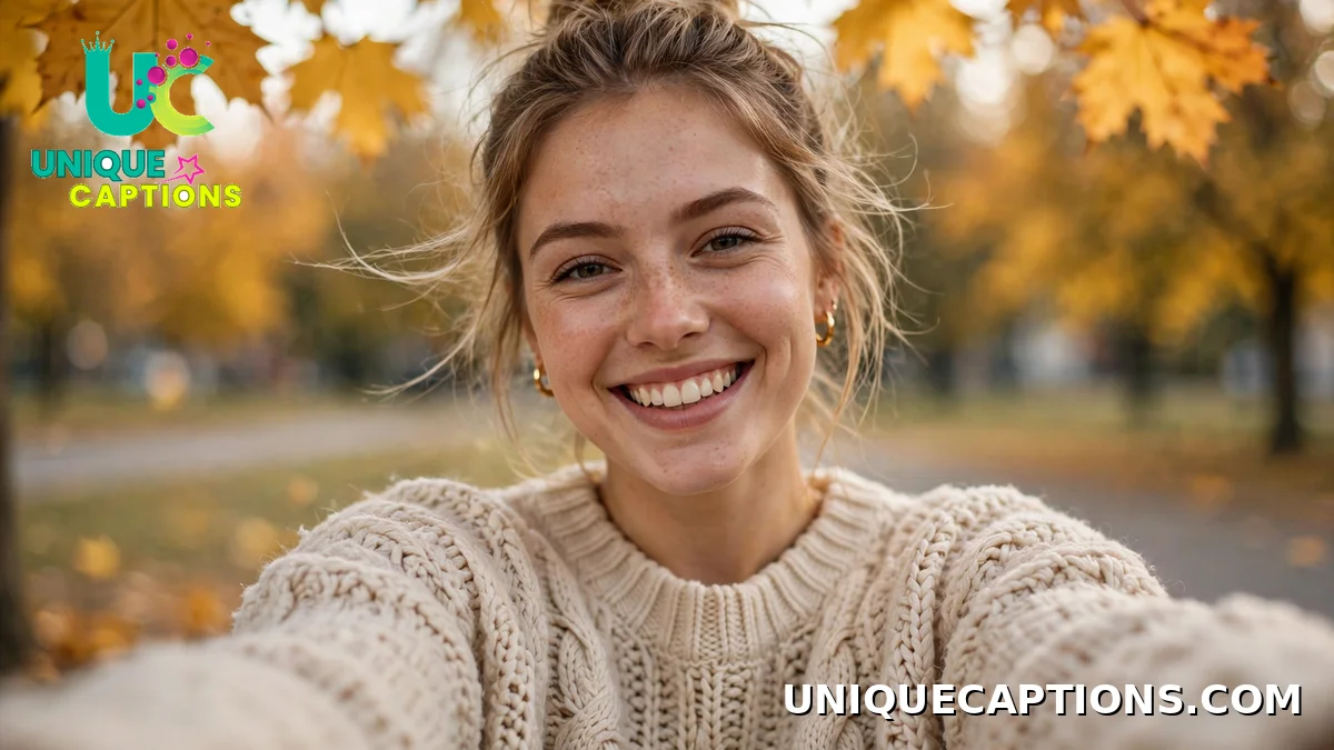 October selfie dump captions — smiling girl in a chunky sweater with golden autumn leaves
