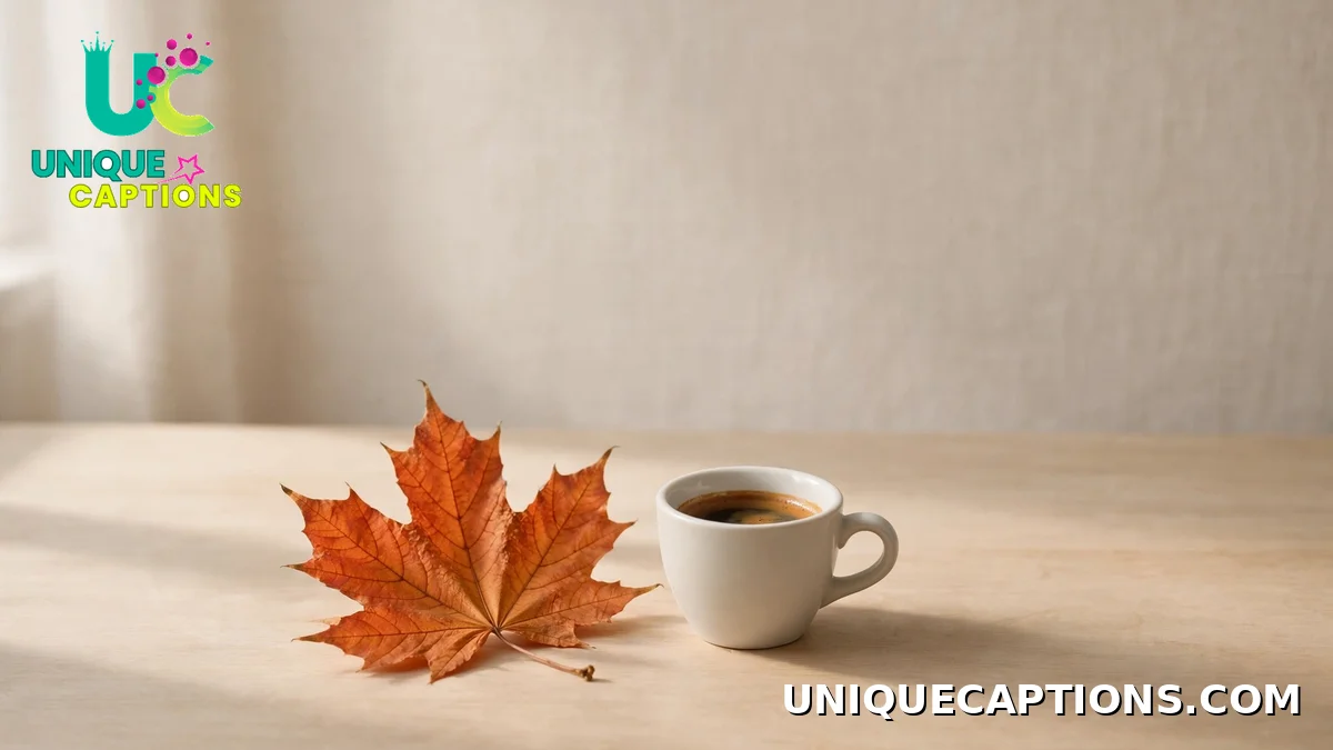 Short October dump captions — minimalist autumn desk with a maple leaf and espresso cup