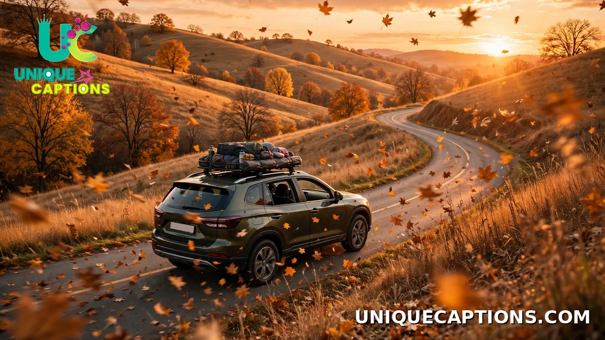 October travel and outing dump captions — winding road through golden hills at sunset