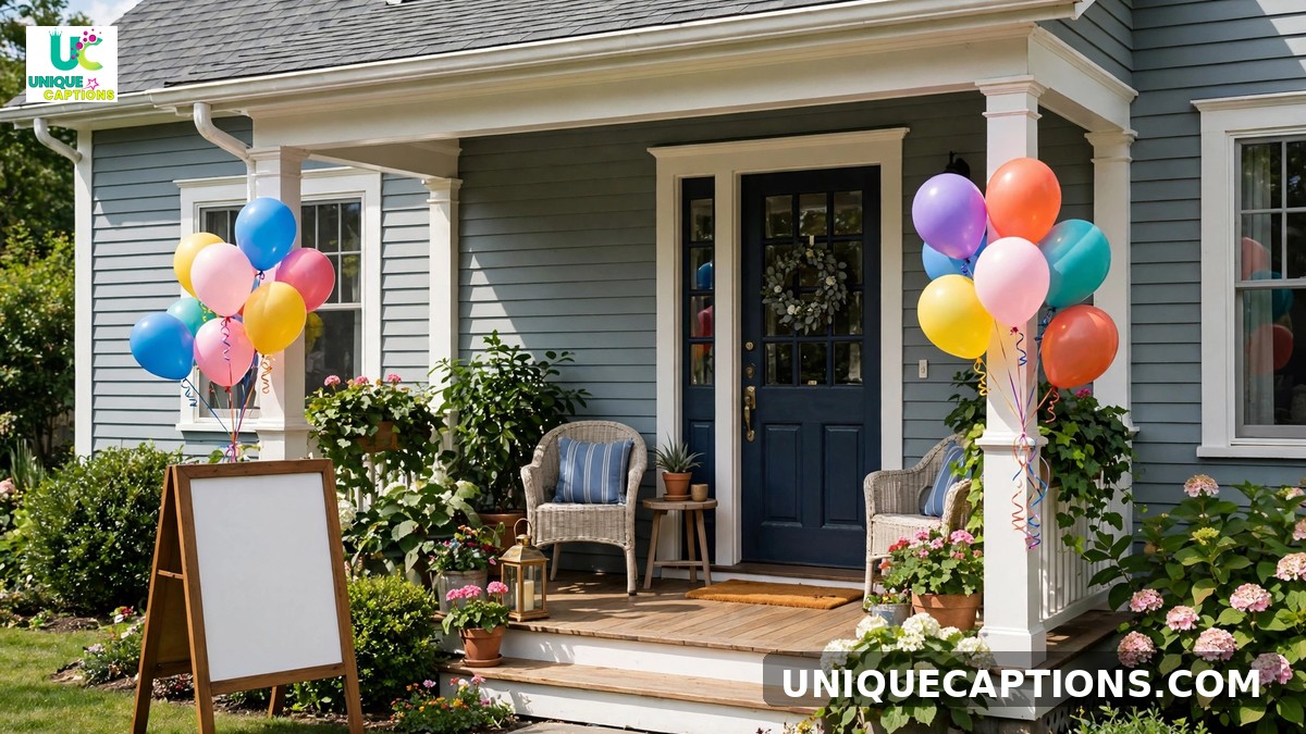 Open house captions - welcoming front porch with open house sign and balloons