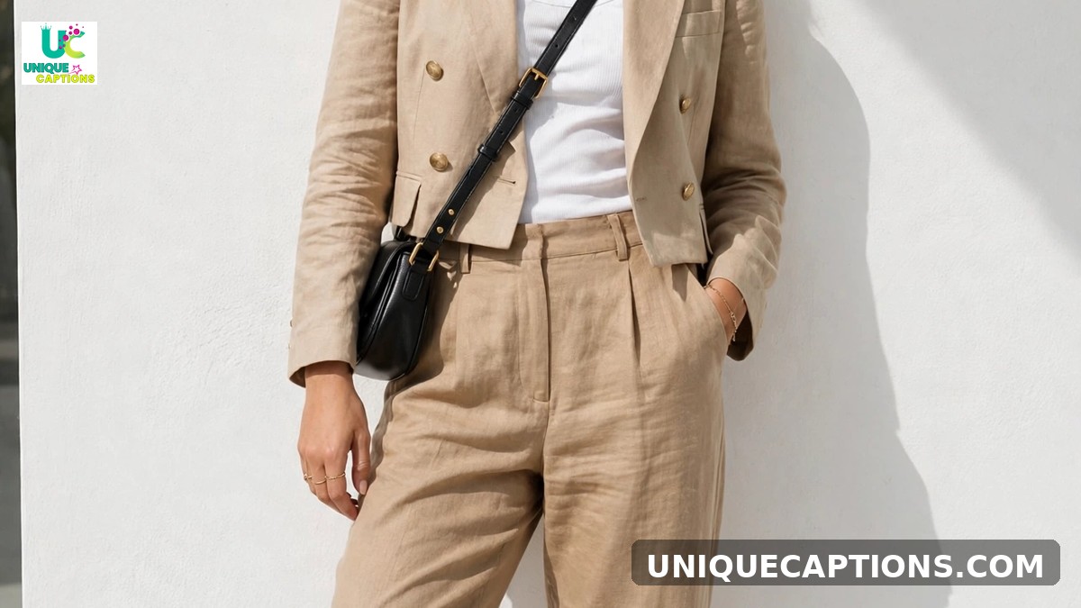 Outfit of the day captions - fashionable woman in trendy coordinated outfit against white wall
