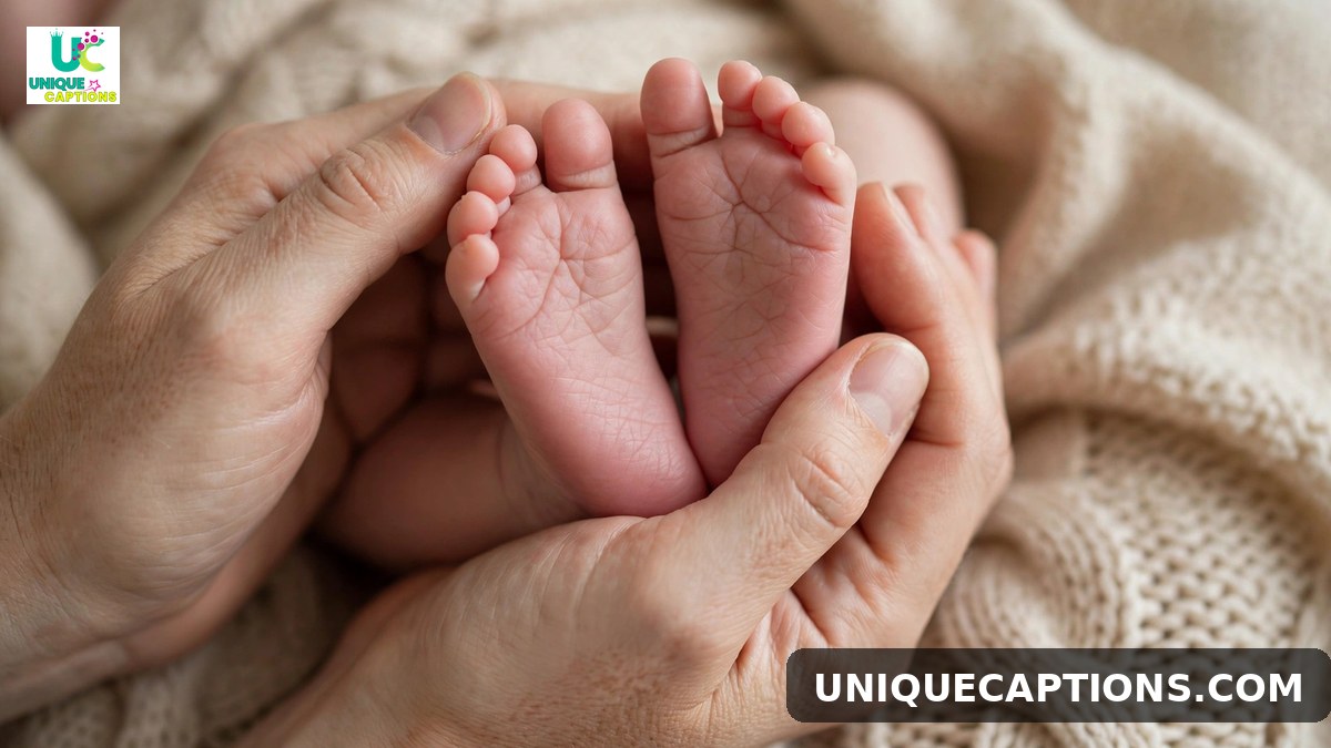 Sweet 11 month baby milestone caption photo of parent hands holding tiny baby feet