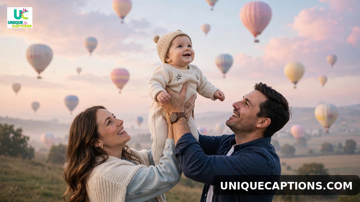 Celebration 11 month baby milestone photo of parents holding their baby against a pastel sky
