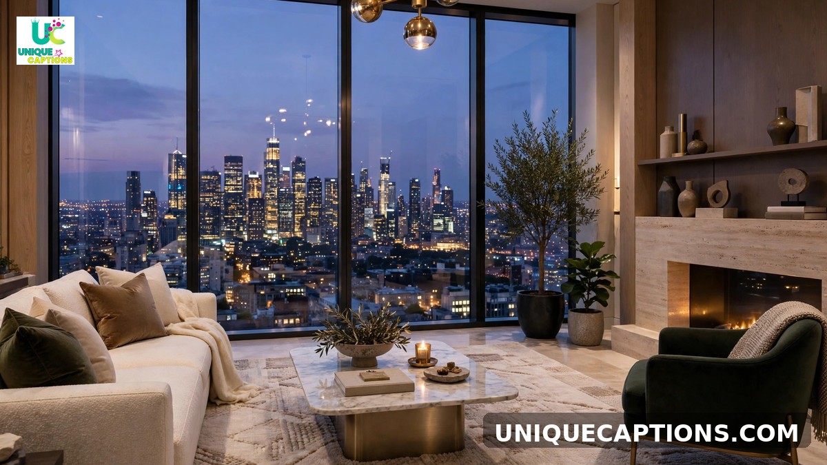Penthouse captions - luxurious living room overlooking city skyline at dusk