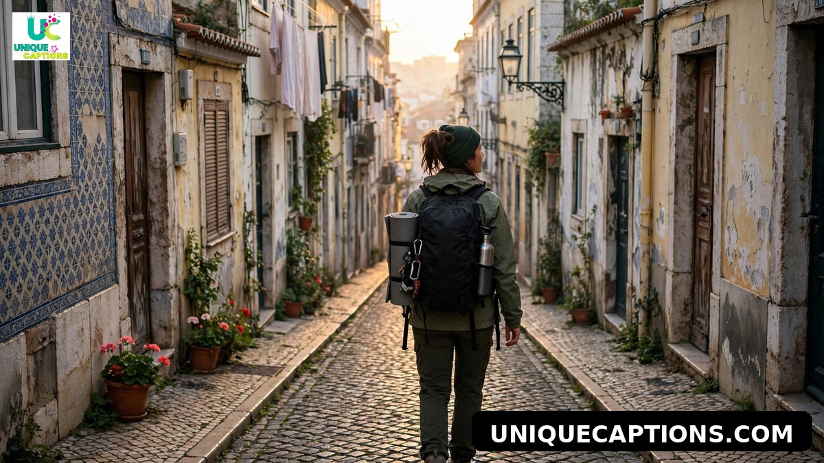 Solo traveler with backpack walking through an Alfama cobblestone lane at sunrise