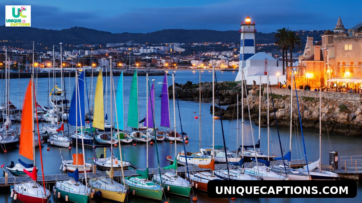 Cascais marina with colorful sailboats and a lighthouse at blue hour