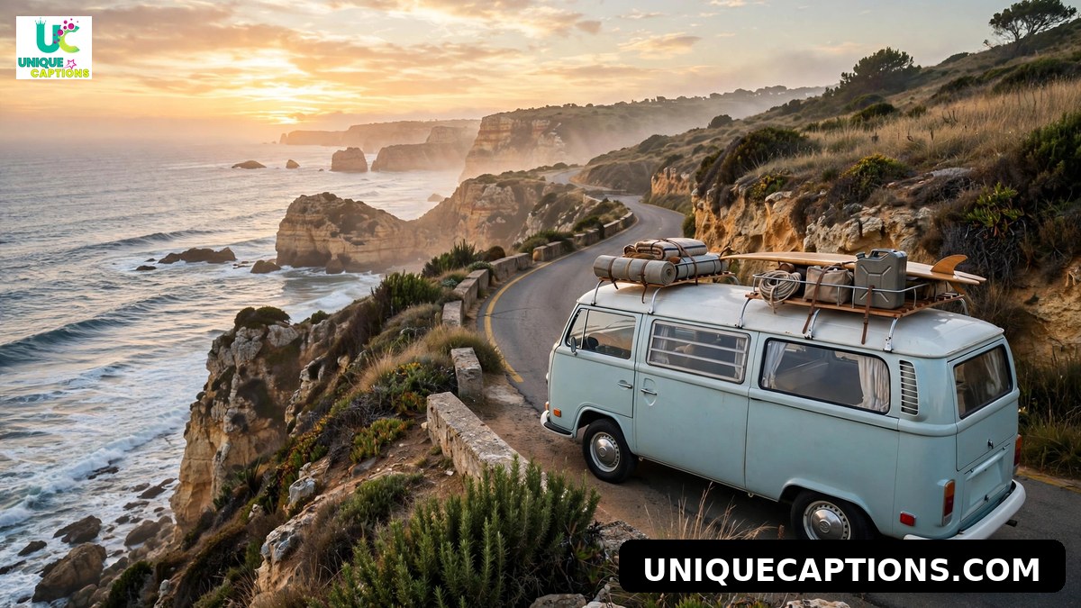 Vintage camper van on a scenic Portuguese coastal road at sunrise