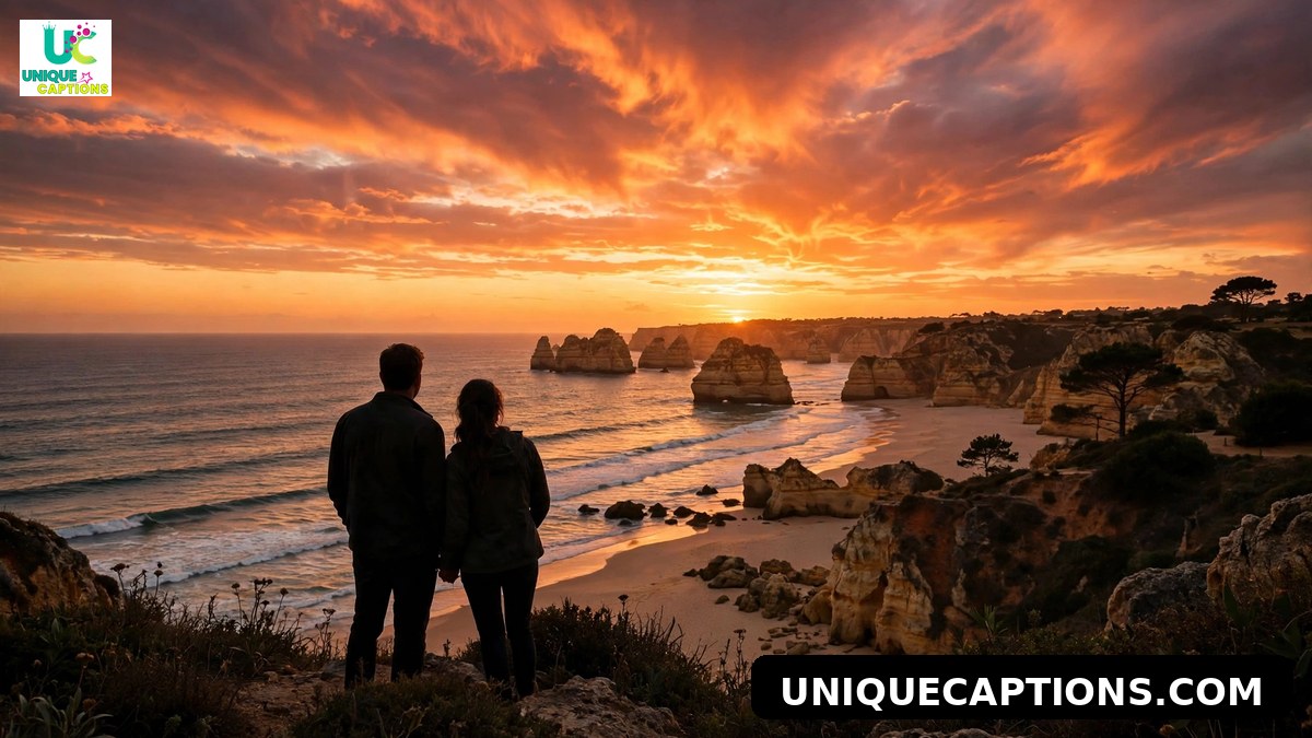 Couple watching a dramatic sunset on a Portuguese beach