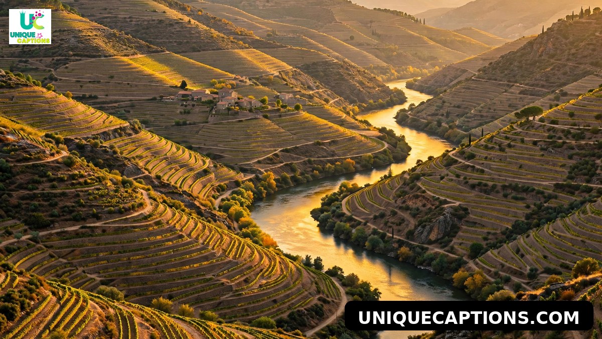 Terraced Douro valley vineyards along the winding river at golden hour