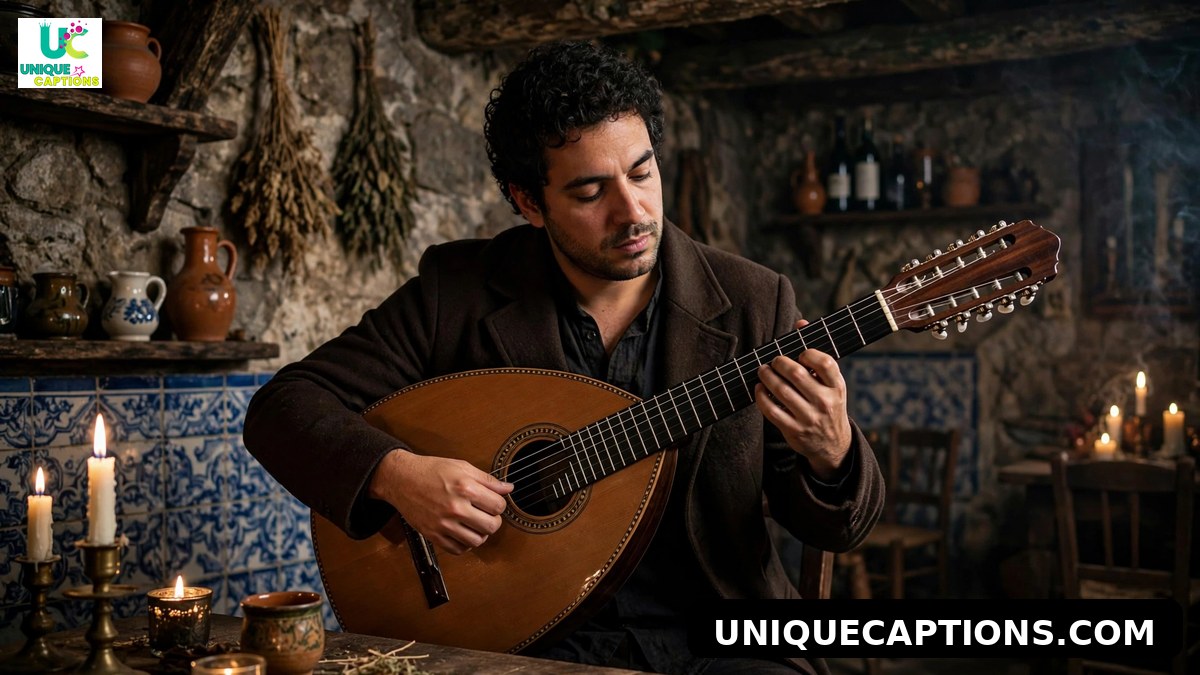 Fado musician playing Portuguese guitar in a candlelit old tavern