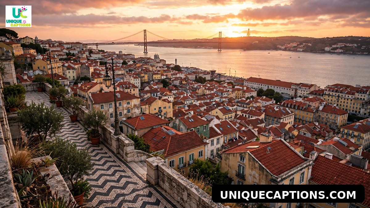 Lisbon miradouro viewpoint terrace with red rooftops and the Tagus river at sunset