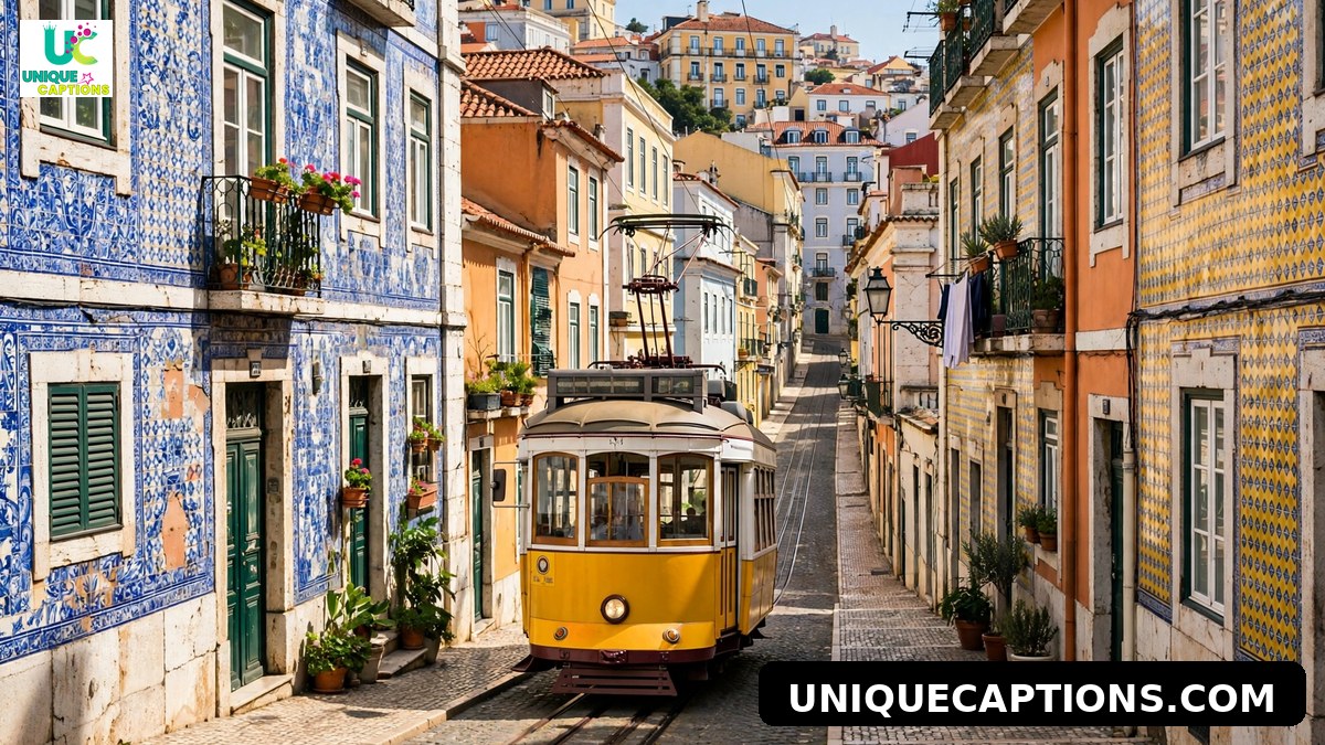 Yellow tram climbing a cobblestone Lisbon street with colorful tiled buildings
