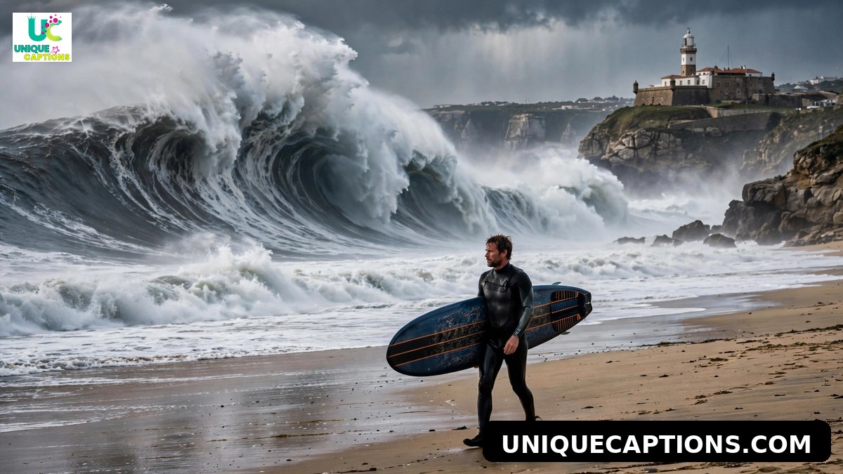 Surfer walking on Nazare beach with giant Atlantic waves behind
