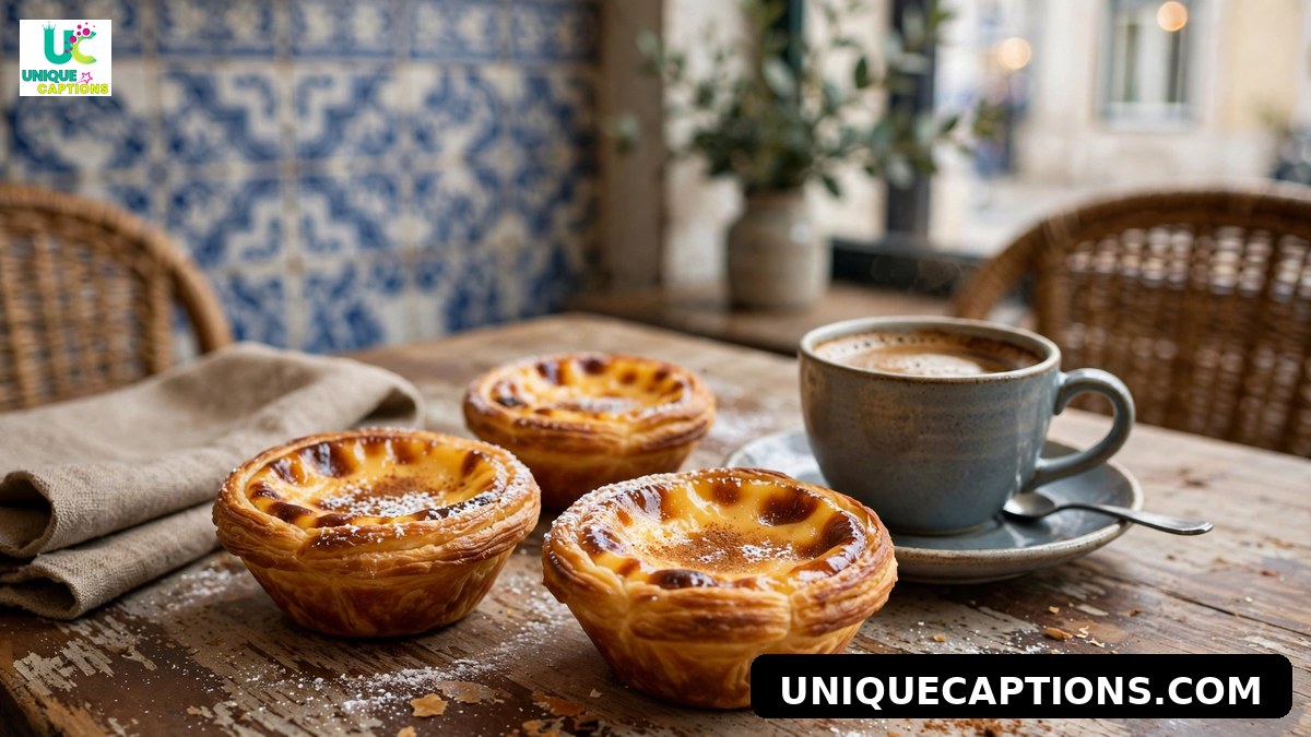 Portuguese pastel de nata custard tarts with coffee in a Lisbon cafe