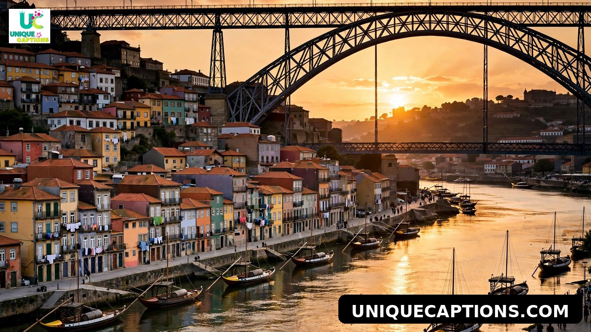 Porto riverside at golden hour with colorful houses along the Douro river