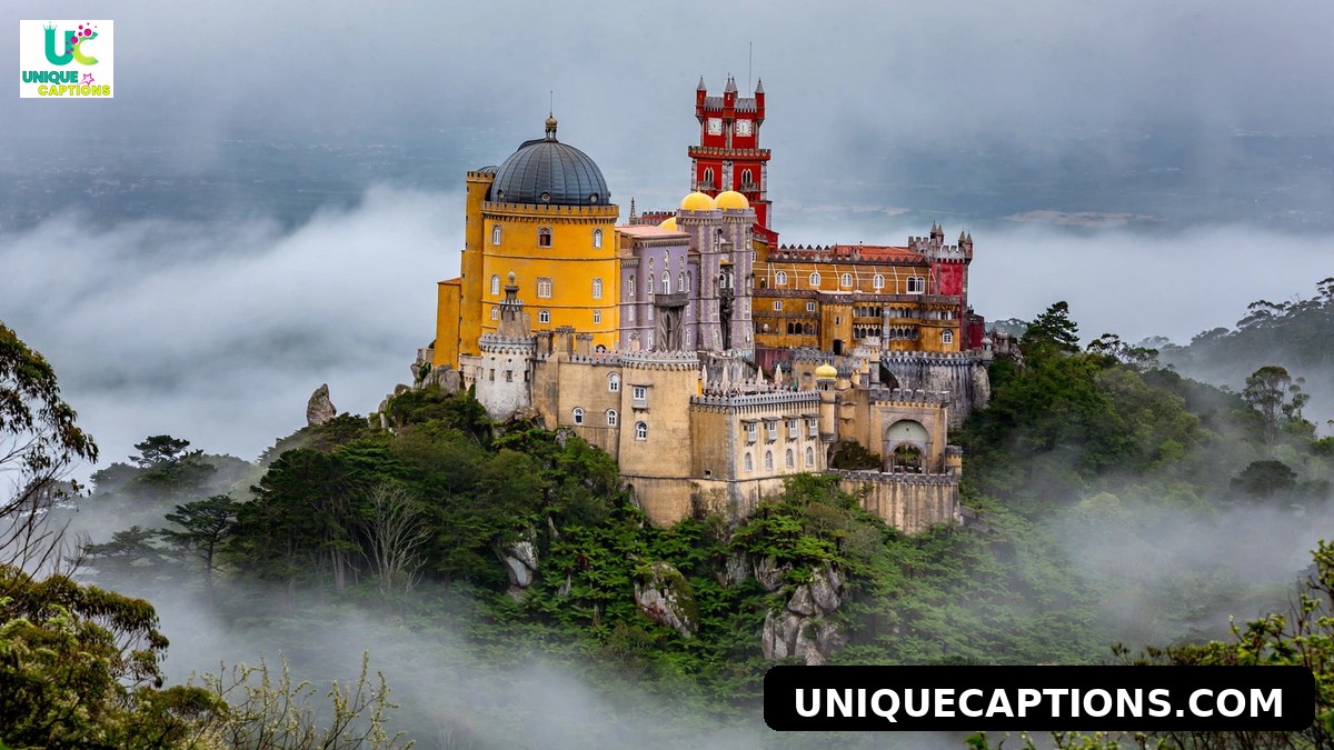 Colorful fairytale palace on a misty green Sintra hilltop