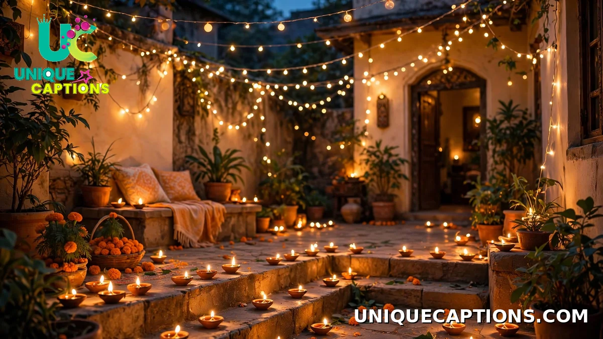 Post festive glow November captions with diyas at dusk