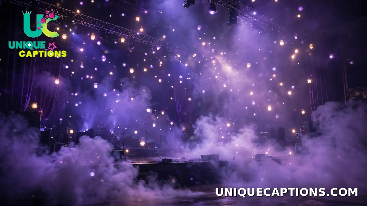Post Malone aesthetic captions - dreamy purple-hazed concert stage with floating lights