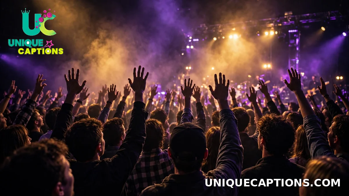 Post Malone Captions - concert crowd with hands raised under purple stage lights