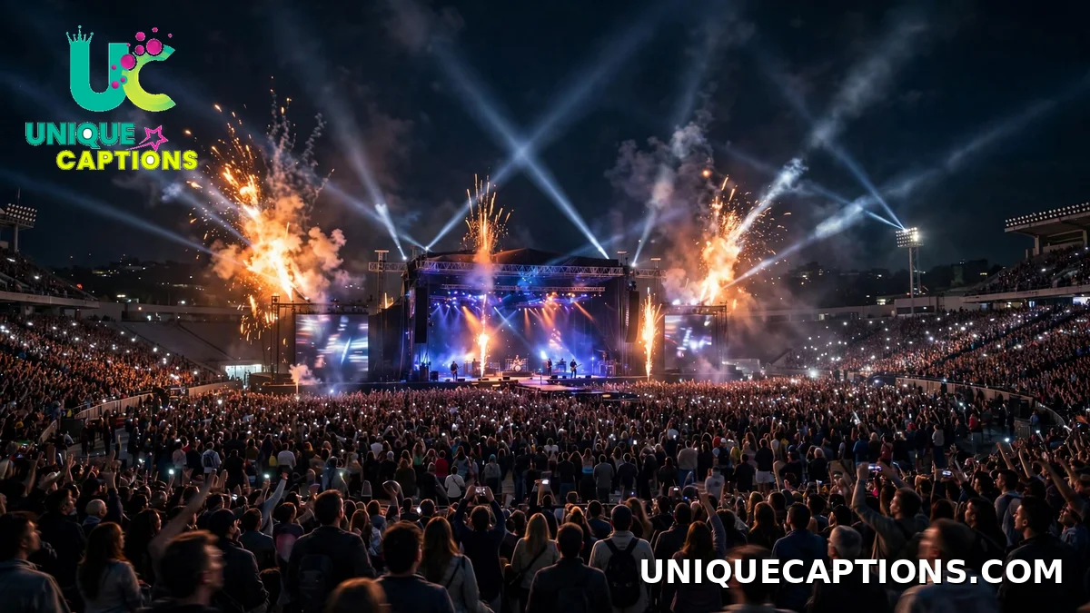 Post Malone concert captions - stadium concert with pyrotechnics and searchlights