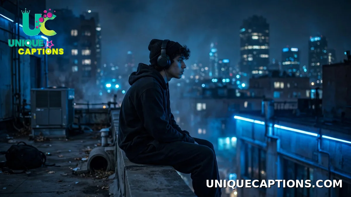 Post Malone heartbreak captions - lone figure with headphones on a city rooftop at night