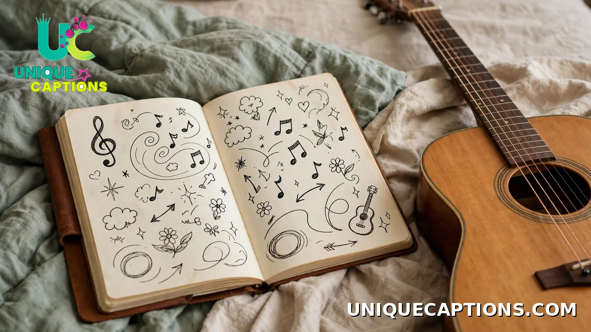 Post Malone lyrics-inspired captions - songwriting notebook and acoustic guitar