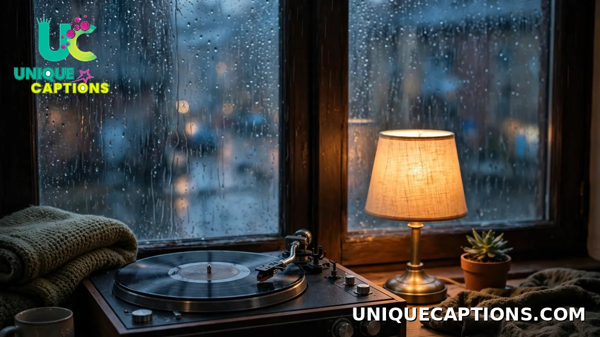 Post Malone mood captions - vinyl record player by a rainy window with warm light