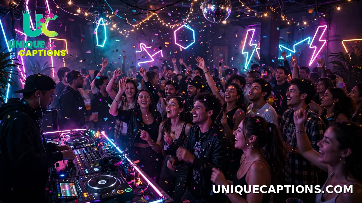 Post Malone party captions - neon party with DJ decks and dancing crowd
