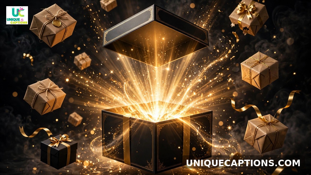 Product launch captions - gift box bursting with golden light and floating parcels