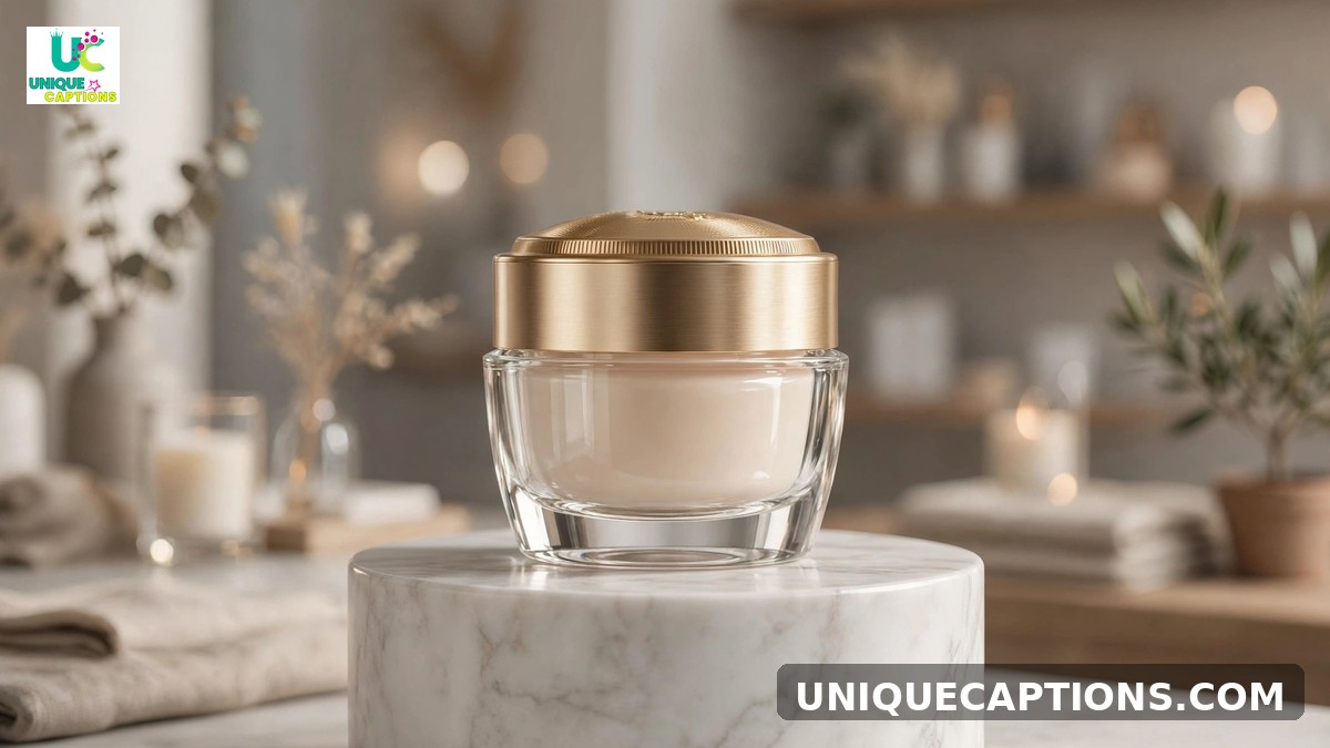 Product showcase captions - premium cosmetic jar on marble pedestal in studio light