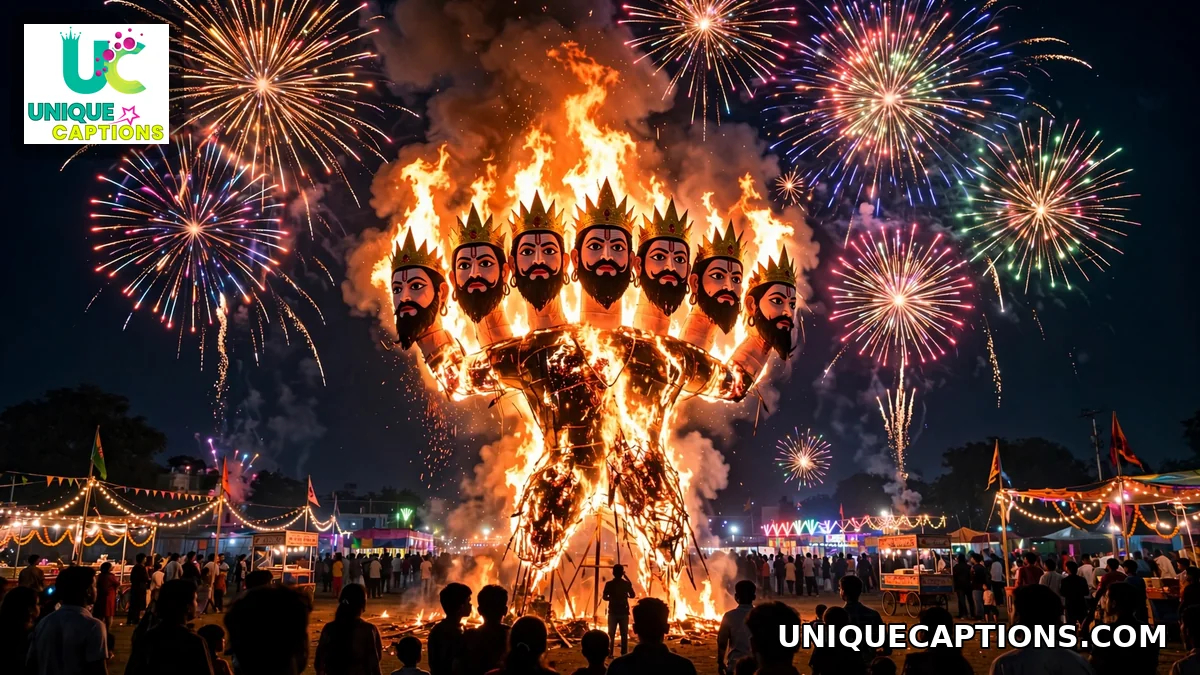 Towering ten-headed Ravan effigy in flames with fireworks at a Dussehra mela