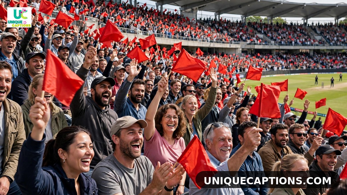 Daytime crowd waving red flags for RCB fan selfie captions