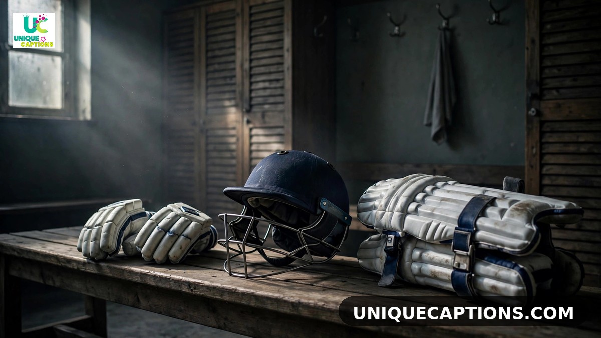 Cricket gear in a dressing room for RCB loyalty captions