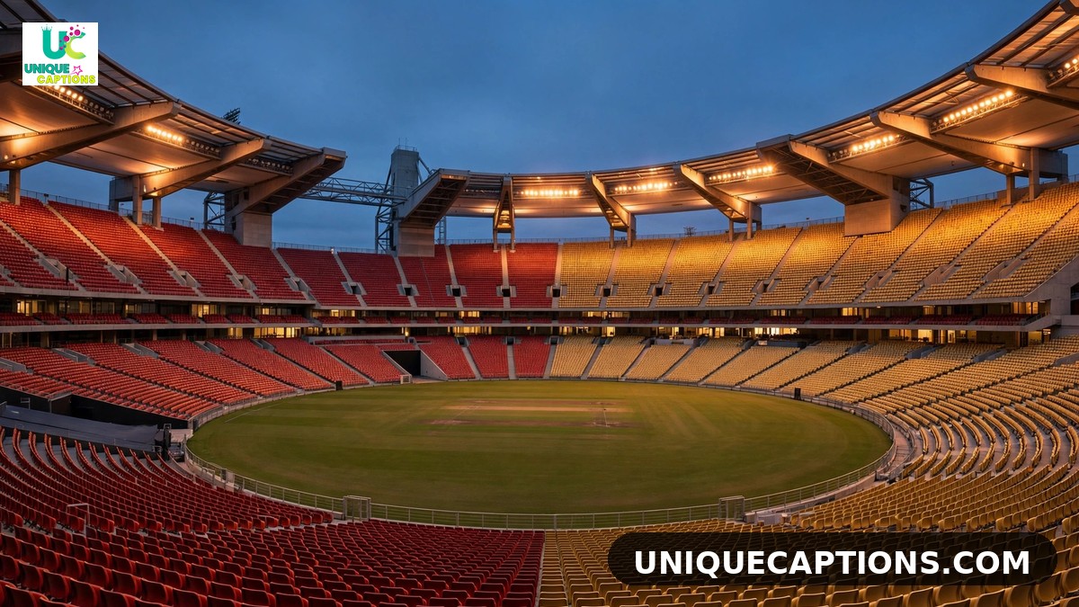 Stadium stands glowing in the evening for RCB team spirit captions