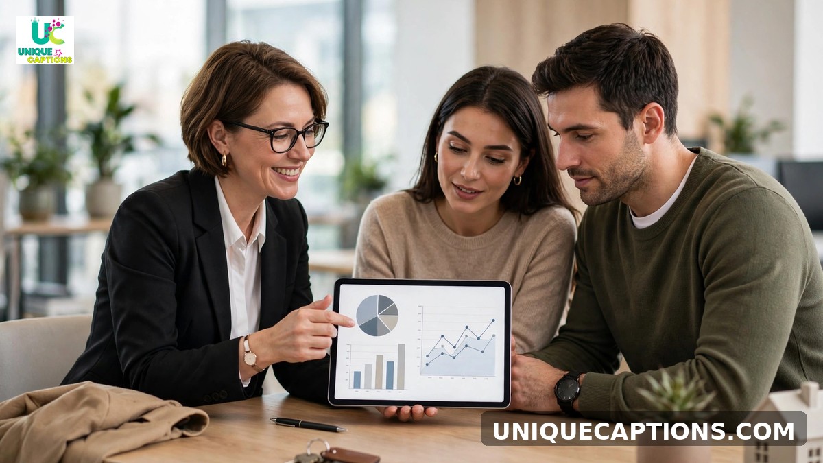 Real estate market update captions - agent showing charts on a tablet to a couple at an office desk