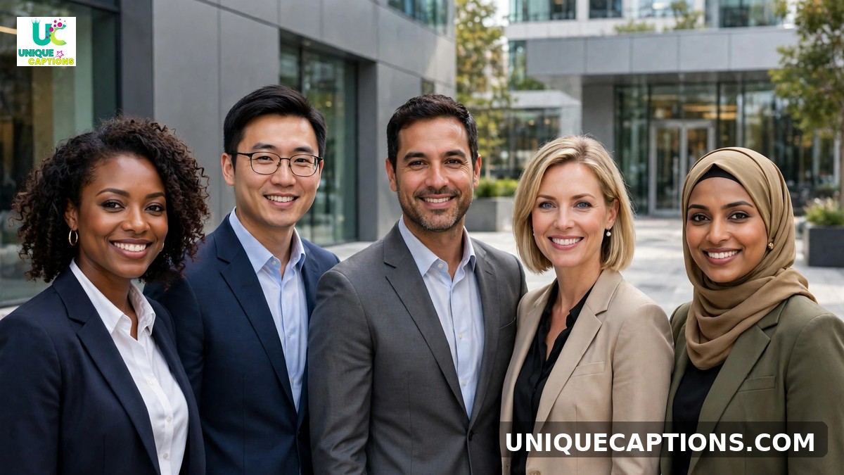 Real estate team captions - diverse group of agents standing confidently in front of a modern office
