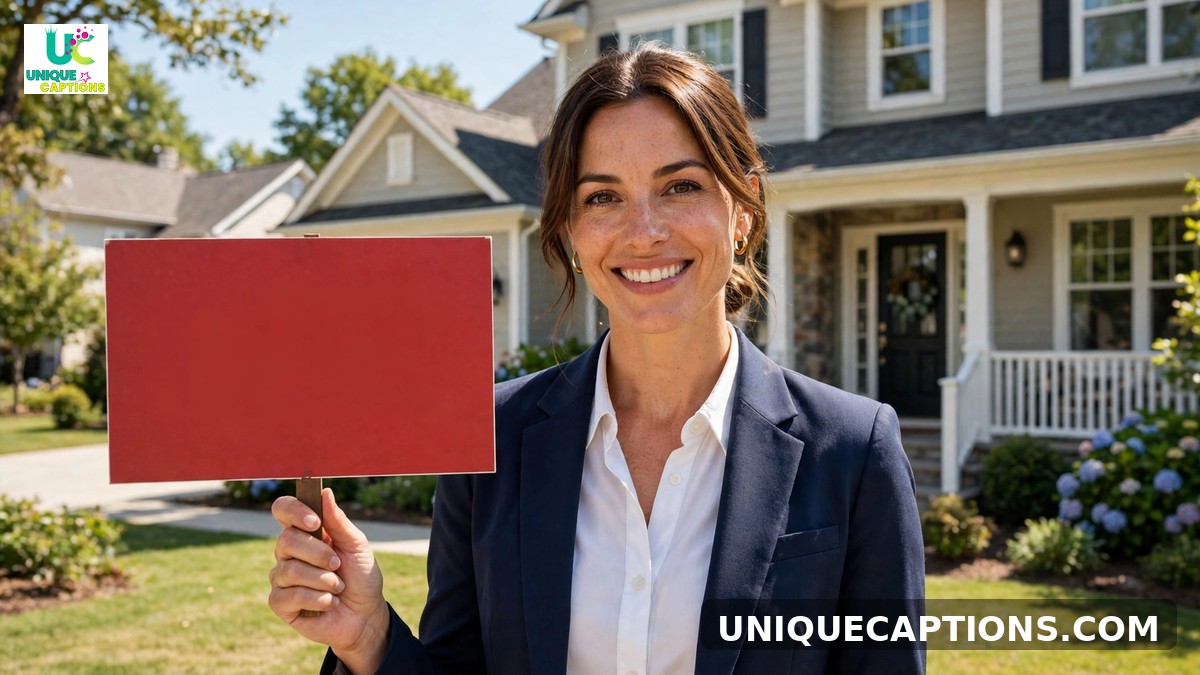 Instagram captions for realtors - confident real estate agent holding a sold sign in front of a suburban house
