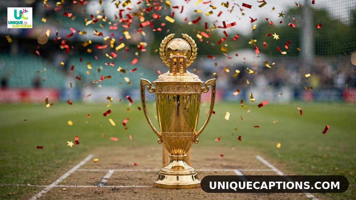Golden trophy with red and gold confetti for RCB pride captions