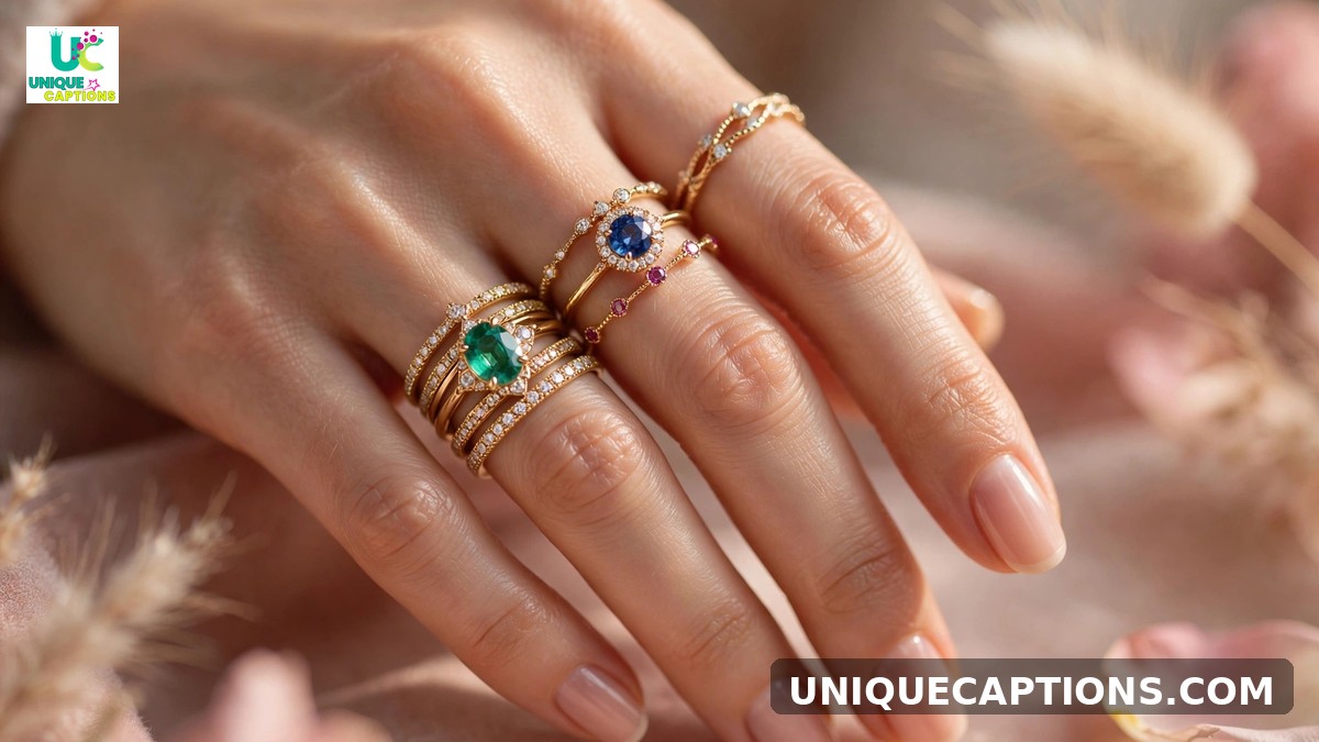 Ring captions for Instagram - elegant hand wearing stacked gemstone rings in soft light
