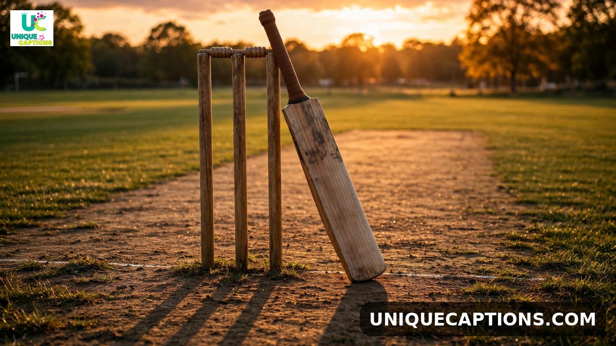 Rohit Sharma attitude captions - cricket bat leaning against stumps at sunset