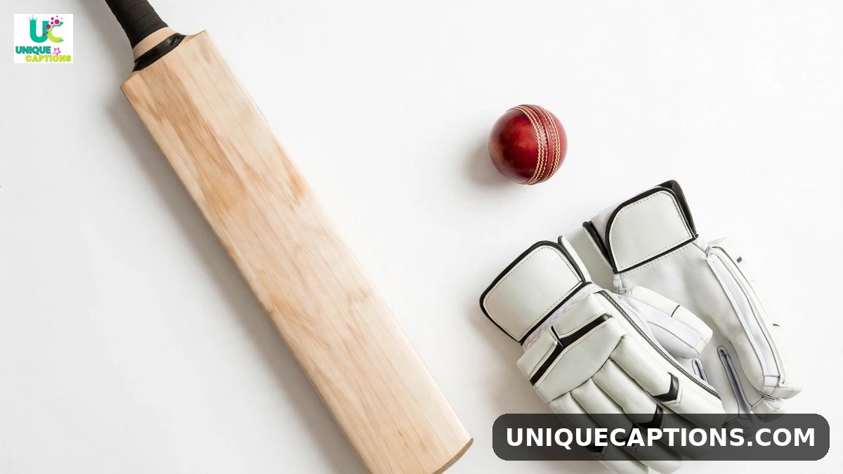 Rohit Sharma bio captions - minimalist flat lay of cricket bat, ball and gloves