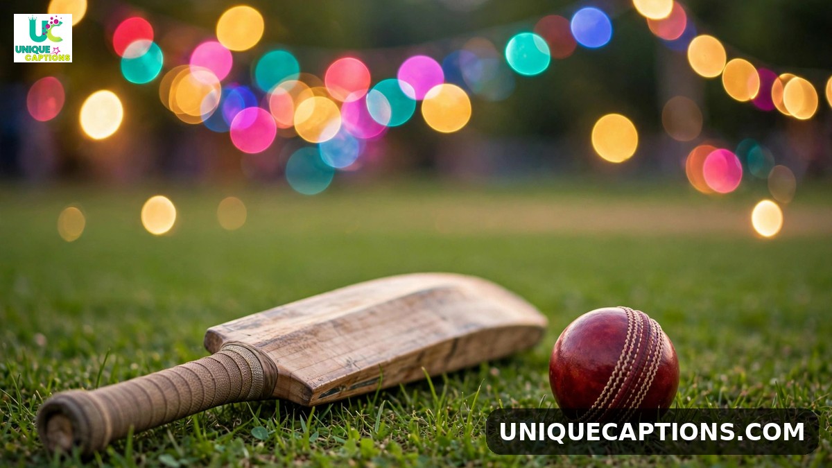 Funny Rohit Sharma captions - cricket bat and ball with colorful festive bokeh lights