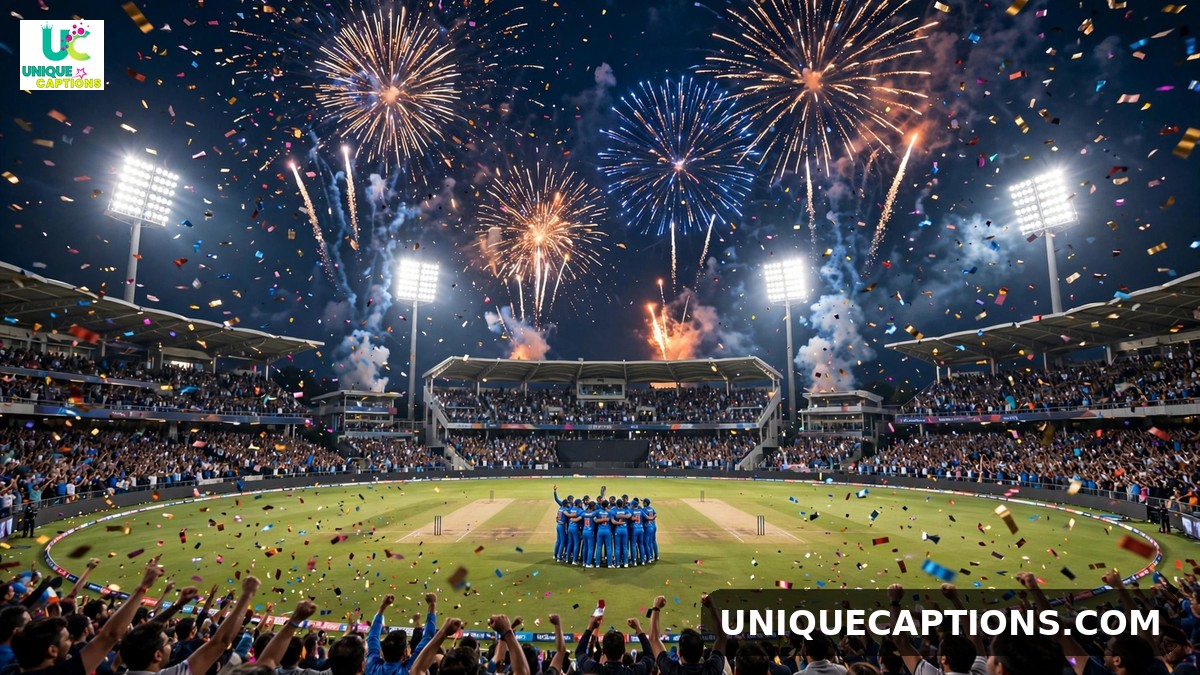 Rohit Sharma IPL captions - stadium celebration with confetti and fireworks at night