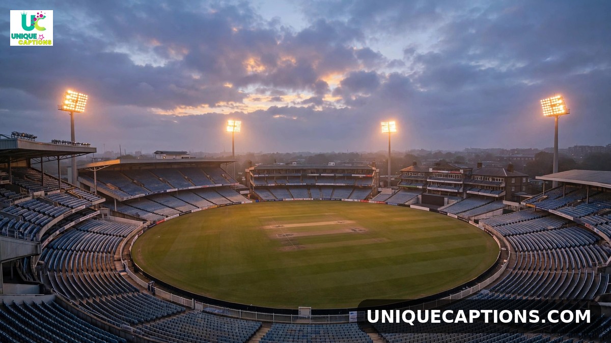 Rohit Sharma legacy captions - empty cricket stadium at dusk with glowing floodlights