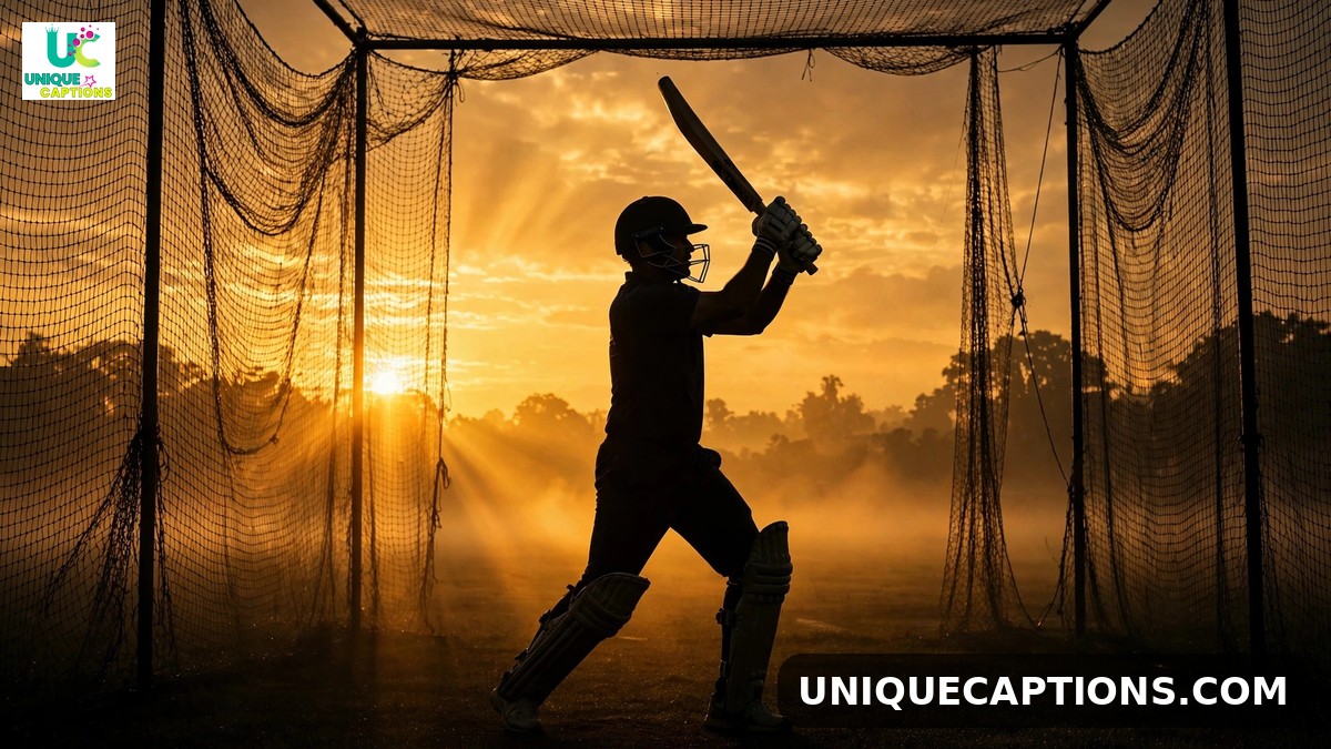 Rohit Sharma motivation captions - batsman silhouette practicing in nets at sunrise