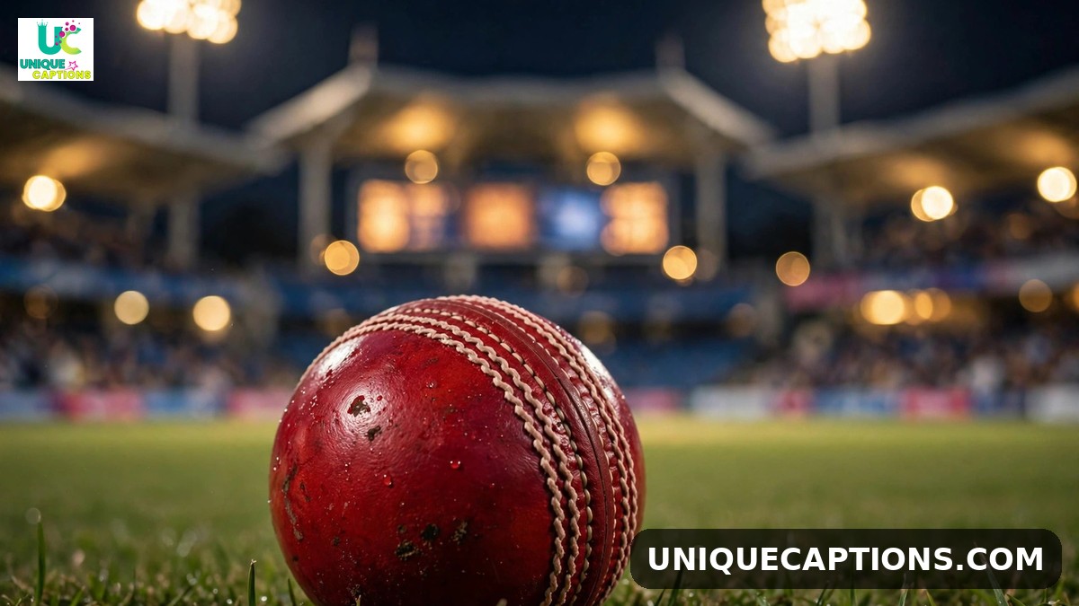 Rohit Sharma record captions - red cricket ball in focus with blurred stadium scoreboard
