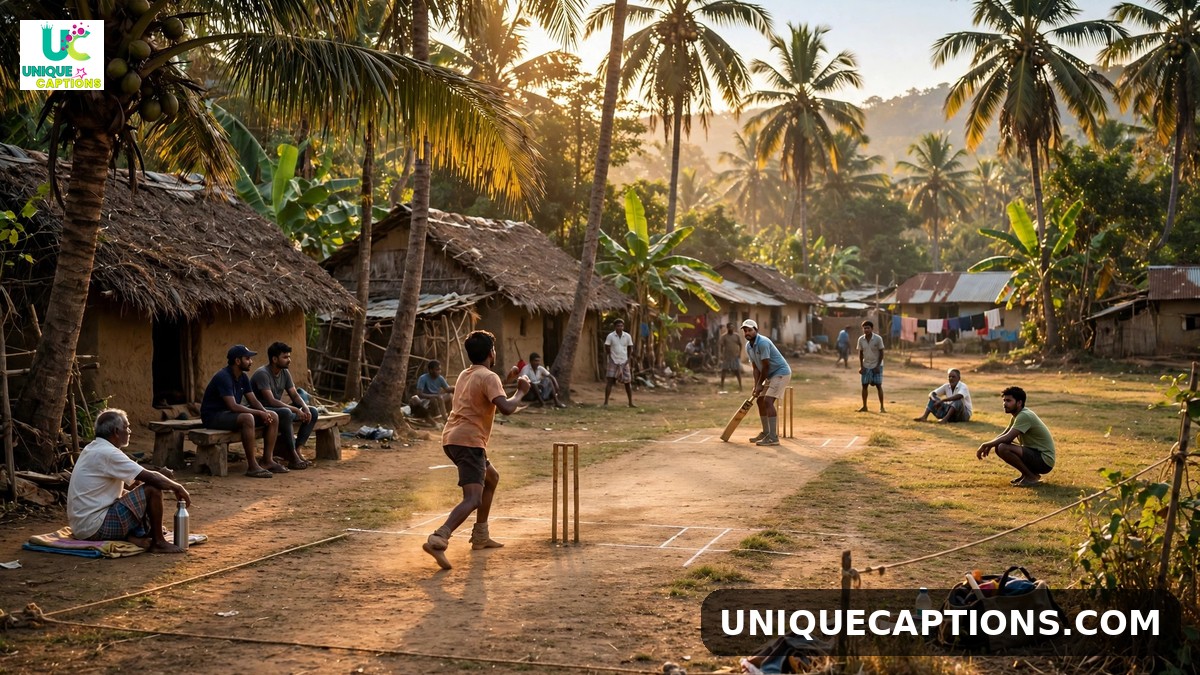 Rohit Sharma weekend captions - village cricket ground with palm trees in afternoon light