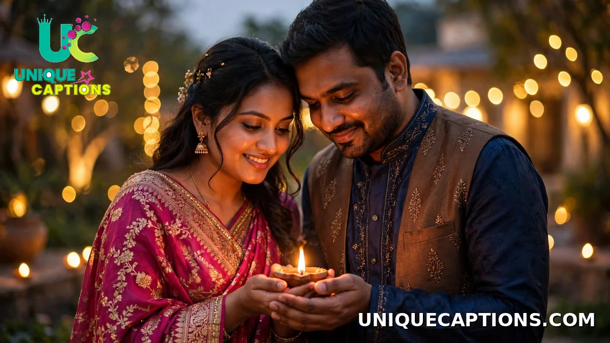 Romantic Dhanteras captions for couples holding a diya at dusk