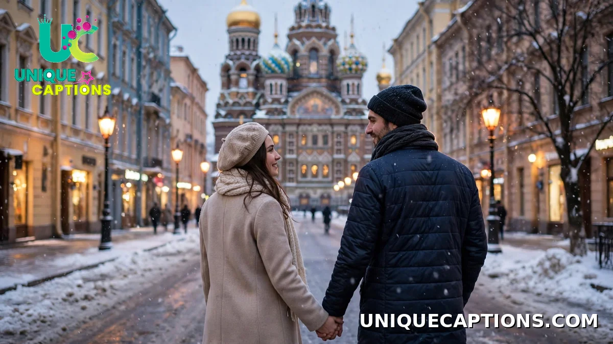 Couple holding hands walking through winter St. Petersburg